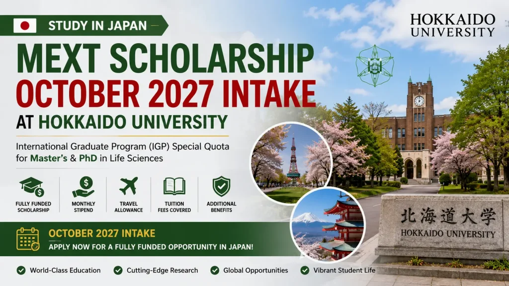 MEXT Scholarship IGP Special Quota at Hokkaido University, Japan 2027: Fully Funded Master's and PhD Opportunity