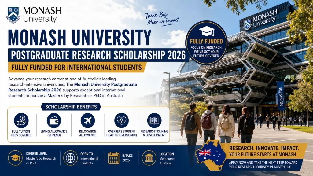 Monash University Postgraduate Research Scholarship 2026 in Australia