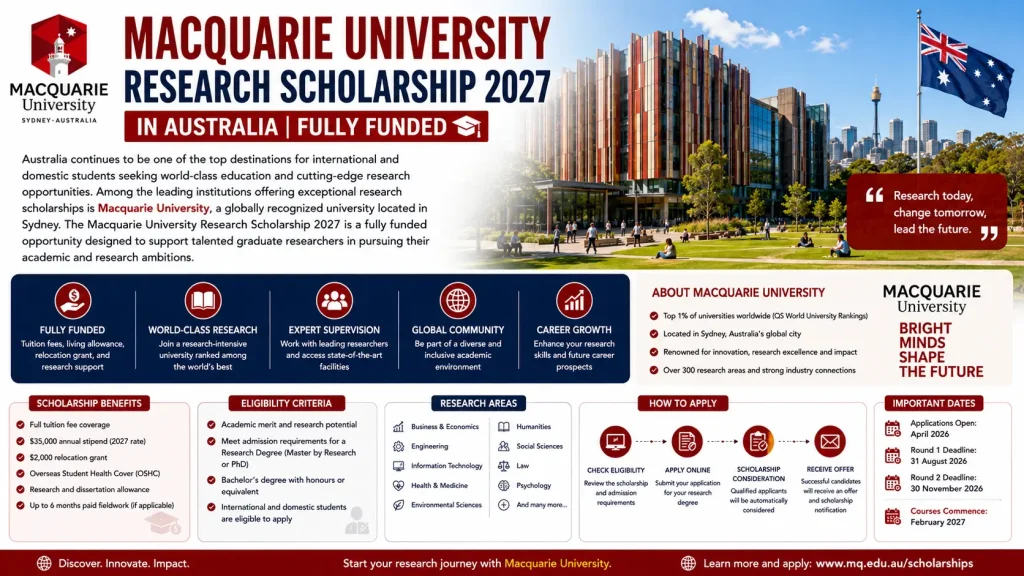 Macquarie University Research Scholarship 2027 in Australia